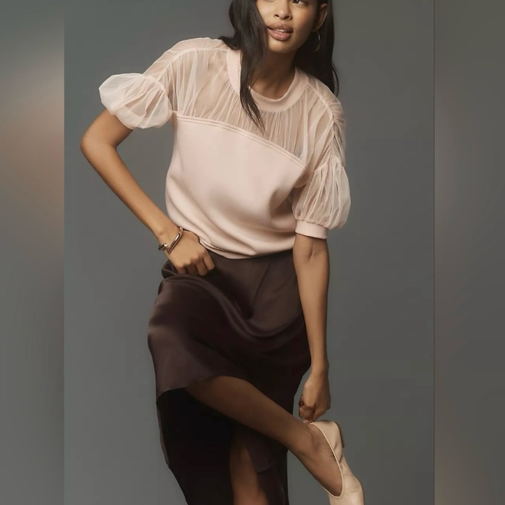 Anthropologie Maeve Short-Sleeve Sheer-Inset Knit Top